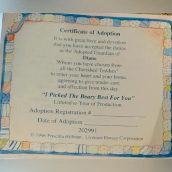 Cherished Teddies Diane Bear Enesco 1996 #202991 w/ Box & Certificate - Picture 7 of 9